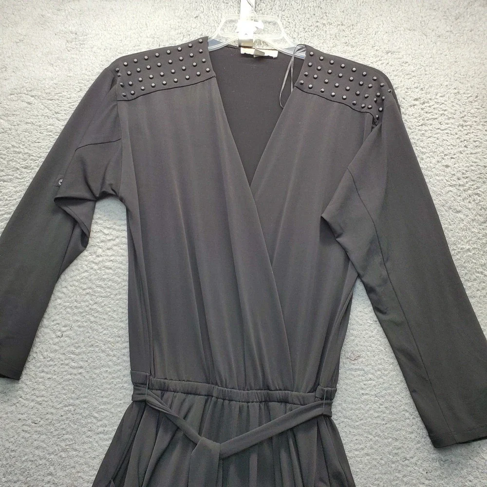 Michael Kors Jumpsuit Womens Medium Black Studded Shoulder Long Sleeve Tie Waist